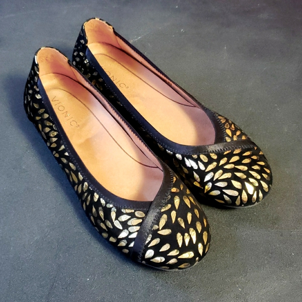 Vionic Caroll Black and Gold Ballet Flats- Orthopedic
